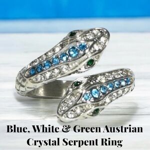 SOLD Blue, White and Green Austrian Crystal Serpent Couple Open Ring